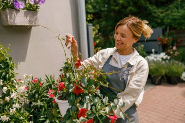 Çiçekçide çiçekçiyle ilgilenen kadın çiçekçi. Bitki bakımı konsepti. Yüksek kalite fotoğraf