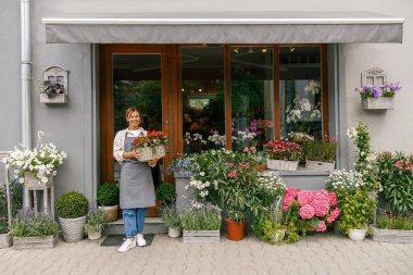 Çiçekçi kadın çiçekçi küçük işletme sahibi çiçekçi dükkanında duruyor ve müşterisini bekliyor.
