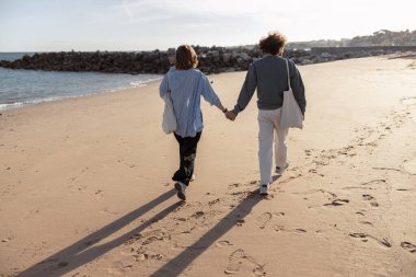 Birbirine aşık çiftlerin arka görüntüsü güneşli sahilde el ele yürümektir. Yüksek kalite fotoğraf