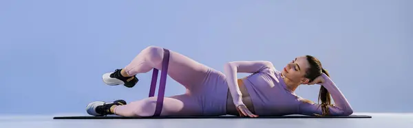 Athletic Woman Trains Legs Fitness Elastic Band Studio Background High Photos De Stock Libres De Droits