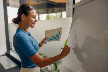 Profesyonel bir kadın modern, gösterişli bir ofis ortamında çalışırken ayrıntılı bir büyüme çizelgesi sergiliyor.