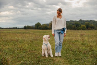 Neşeli bir kadın, dingin bir park ortamında ve atmosferde Golden Retriever 'ıyla keyifli bir yürüyüş yapıyor.