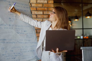 Profesyonel bir kadın, modern ve şık bir ofiste dizüstü bilgisayar ve beyaz tahta kullanarak rahatça sunar.