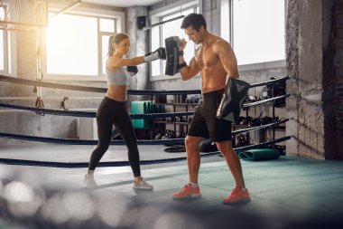 İyi hazırlanmış bir spor salonunda, kendini işine adamış iki sporcu boks, bileme ve rafine etme konusunda yoğun bir şekilde antrenman yapıyor.