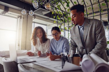 Modern bir ofiste, yetenekli profesyoneller takım çalışmalarını ve yaratıcılıklarını ön plana çıkaran beyin fırtınası seanslarına katılırlar.