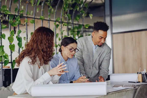 Bir ekip, bitkilerle dolu canlı ve yaratıcı bir ofis içinde proje planları hakkında bir tartışmaya girişiyor.
