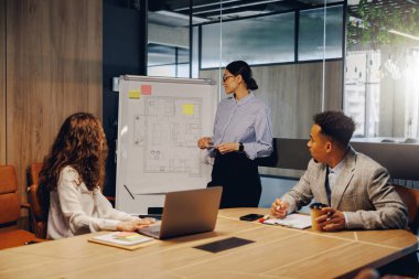 Modern bir toplantı odasında, bir takım beyaz tahta kullanan bir proje hakkında ortak bir tartışmaya girer.