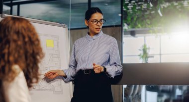 Bir iş kadını, çağdaş ofis ortamında stratejik planları tartışan bir sunumu yönetiyor..