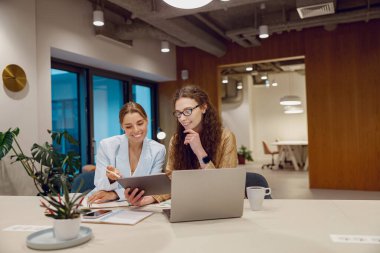 İki yetenekli profesyonel şık modern ofis ortamında bir tablet üzerinde anlayışlı bir tartışmaya girişiyor.