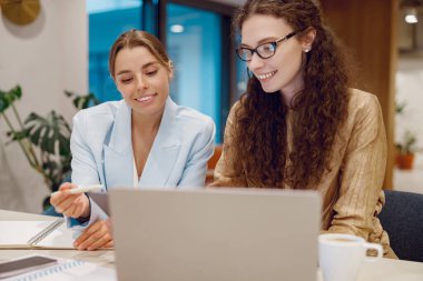 İki hevesli genç kadın bir dizüstü bilgisayar aygıtı üzerinde verimli bir iş görüşmesine giriştiler.