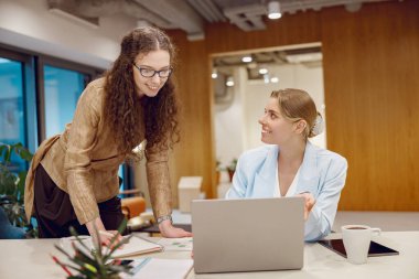 İki başarılı profesyonel kadın, işteki bir dizüstü bilgisayar üzerinde verimli bir tartışmada yenilikçi fikirleri paylaşıyor.
