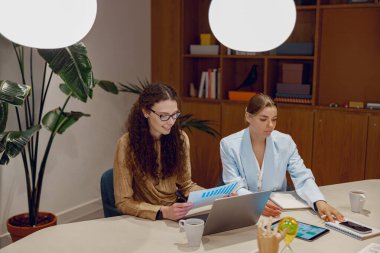 İki profesyonel, şık bir ofiste dizüstü bilgisayar ve notlarla verimli bir toplantı yapıyorlar.