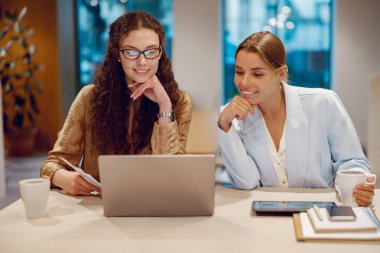 Aydınlık ve çağdaş bir ofis ortamında, iki kadın birlikte bir dizüstü bilgisayarda çalışıyor.