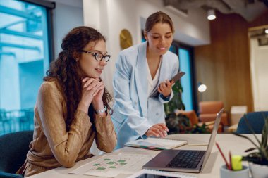 İki yetenekli profesyonel modern bir ofiste dizüstü bilgisayar kullanırken verimli bir şekilde tartışıyorlar.