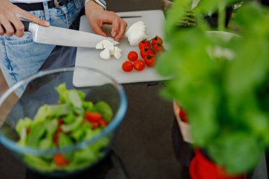 Sıcak bir mutfakta, yetenekli bir insan taze domates, mozarella peyniri ve renkli bir salata hazırlar.