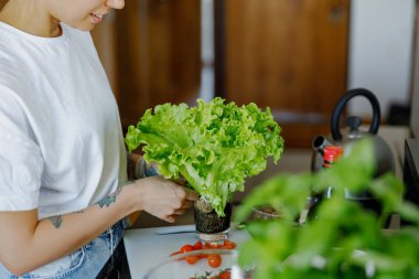 Sıcacık bir mutfakta taze marulları ustalıkla idare eden biri sağlıklı ve besleyici yemekleri ön plana çıkarır.