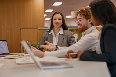 Profesyoneller, modern ofis ortamındaki bir toplantı sırasında anlamlı bir tartışmaya girişirler.