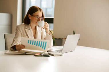 Yetenekli profesyonel bir kadın bilgisayarında parlak, davetkar bir ofis ortamında çizelgeleri analiz ediyor.