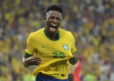 Rio de Janeiro-Brasil 10 de maro de 2023, jogador Vincius jr comemora seu primeiro gol com a camisa da seleo Brasileira de futebol, no estdio do Maracana do