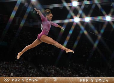 Paris-France, August 5, 2024, artistic gymnastics. Rebeca Andrade wins gold medal at the Paris Games. Gymnasts Simone Biles and Jordan pay homage to the Brazilian gymnast clipart