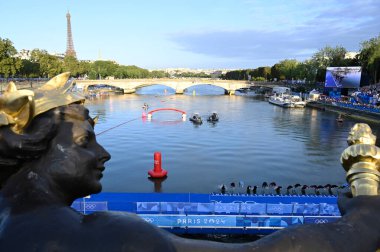 PARIS - FRANCE, August 8, 2024 - Paris Olympic Games, Seine River Aquatic Marathon in Paris, the controversial aquatic marathon on the Seine River in Paris, ended up being held, even with suspicions of pollution of the Seine water clipart