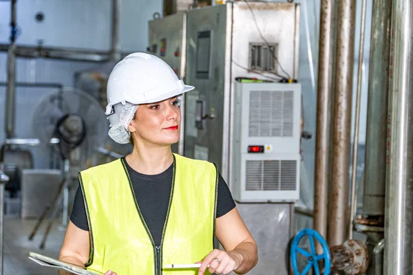 Kobieta Inżynier Przemysłowy Białym Hełmie Stojąca Ciężkiej Fabryce Przemysłowej Obraz Stockowy