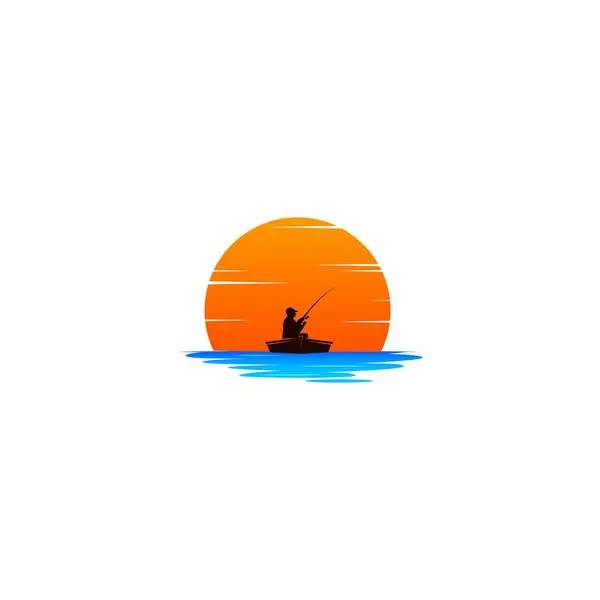 Traditioneller Fischer Mit Sonnenuntergang Logo Vektorgrafik — Stockvektor