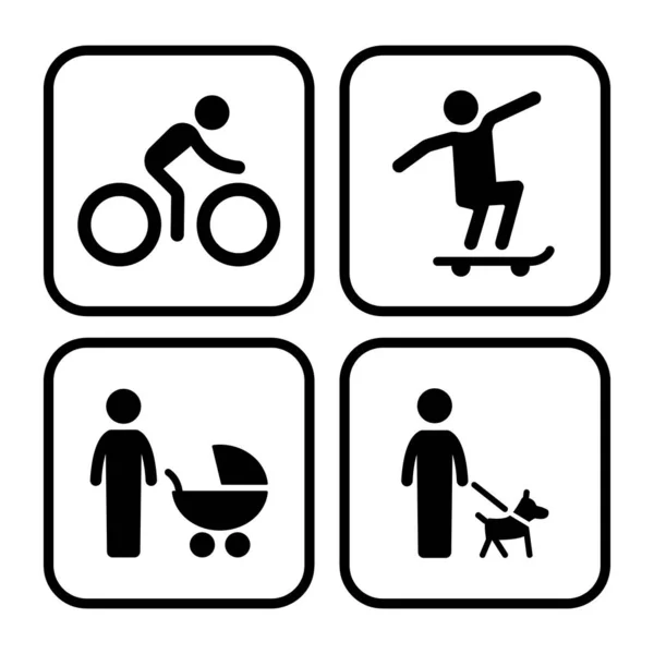 公园图标 一套黑色路标 自行车骑手 滑板手 狗的主人 简单简约的矢量符号 — 图库矢量图片