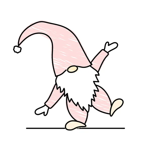 Cute Scandinavian Gnome Dancing Dwarf Black Line Doodle Vector Illustration — Stock Vector