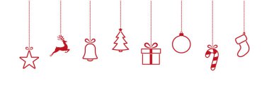 Kırmızı tatil dekoratif unsurları asan Noel süslemeleri, basit vektör illüstrasyonu