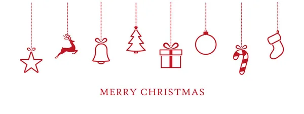Mutlu noel tebrik kartı, Noel süslemeleri, kırmızı bayram dekoratif unsurları asma, basit vektör illüstrasyonu
