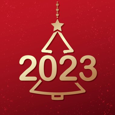 İçinde altın noel ağacı olan 2023 noel hediyesi kartı ve kırmızı zemin üzerinde 2023 numara, Mutlu noeller ve mutlu noeller konsepti, gradyan vektör çizimi