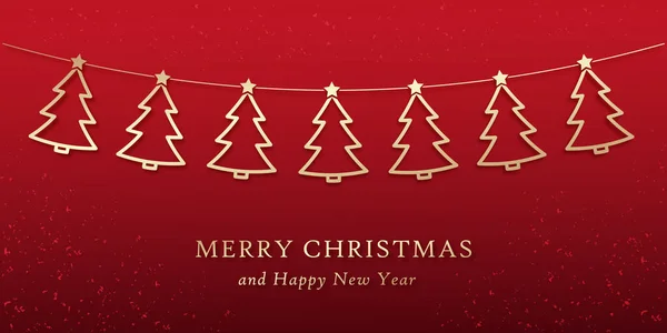 Bir dizi Noel ağacı, kırmızı arka planda altın bir çelenk, mutlu Noeller ve mutlu yıllar, vektör kış tatili tebrik kartı.