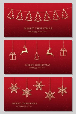 Altın Noel sembolleri asmak, geyik, hediye kutusu, kırmızı arka planda Noel ağacı, yeni yıl tebrik kartları, tatil vektör illüstrasyonları