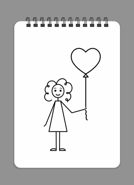 風船の女の子 ハート型の風船をノートに描いたかわいい女の子 鉛筆画のスタイルのモノクロベクトルイラスト — ストックベクタ