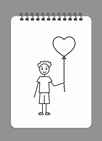 風船を持つ男の子 ハート型の風船をノートに描いたかわいい子牛 鉛筆画のスタイルのモノクロベクトルイラスト — ストックベクタ