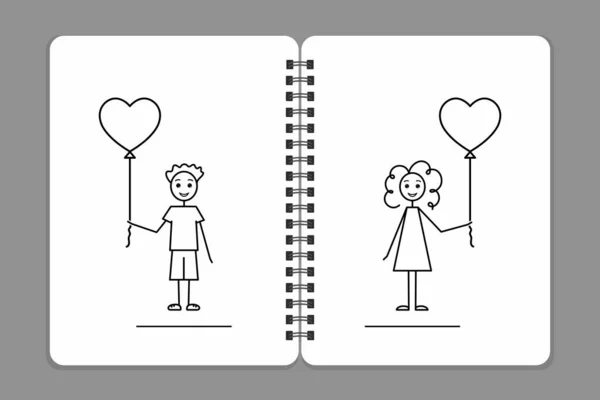 可爱的夫妇 心形气球画在笔记本页上 简单的矢量图解 — 图库矢量图片