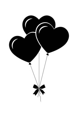 Sevgililer Günü balonu, üç kalp şeklinde balon dekoratif element, basit siyah vektör çizimi.