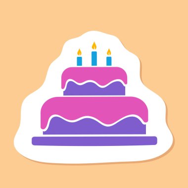 Doğum günü dekoratif çıkartması, mavi mumlu pembe ve mor pasta, çocuk partisi sembolü, kafe için basit tasarım unsuru, fırın, basit vektör illüstrasyonu