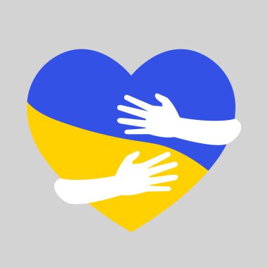 Mavi ve sarı kalple sarılan eller, Ukrayna bayrağı, basit düz vektör illüstrasyonu