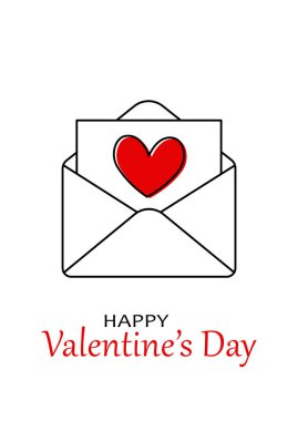 Siyah zarf ve beyaz zemin üzerinde kırmızı kalp olan minimalist sevgililer günü tebrik kartı, basit vektör illüstrasyonu