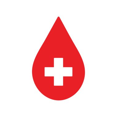 red blood drop icon with white medical cross symbol, donor concept, simple flat vector illustration