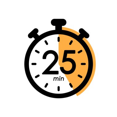 twenty five minutes stopwatch icon, timer symbol, cooking time, cosmetic or chemical application time, 25 min waiting time simple vector illustration