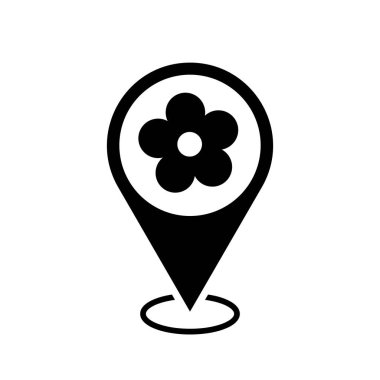 flower delivery shop map pointer, flower icon with location pin, black symbol isolated on white background, simple vector marker