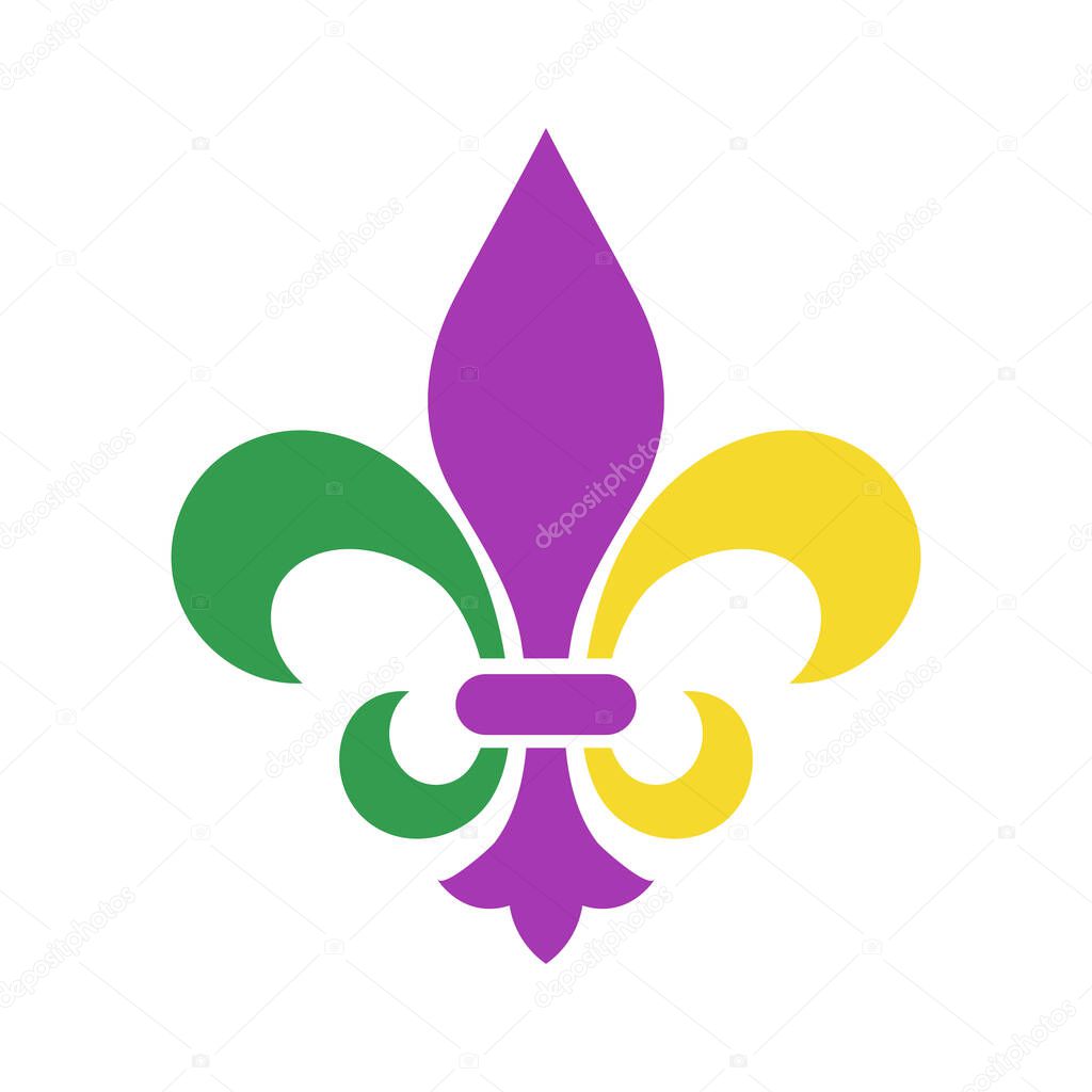 Mardi gras symbol, fleur de lis logo, green, purple and yellow simple vector design element