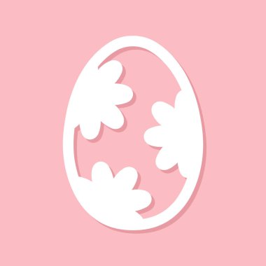 easter egg silhouette, white holiday design element with flowers on pink background, simple vector illustration