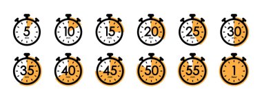 set of timer icons, stopwatch, clock, timer symbol, cooking, application or waiting time vector illustration