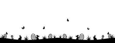 egg hunt, Easter background with bunnies, easter eggs, butterflies, flowers, panoramic vector illustration, Ostern Ostermotiv Hintergrund