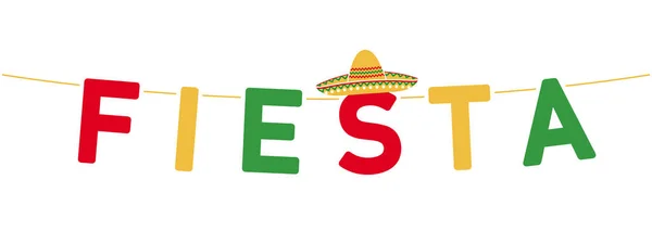 文字列 メキシコのパーティーの装飾 ベクトルの装飾要素にぶら下がっているソムブレロ 大きなぶら下げカラフルな文字でフィエスタバナー — ストックベクタ
