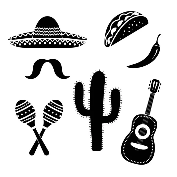 Ікони Мексіканської Культури Фестиваль Сінко Майо Символи Силуету Набір Елементів — стоковий вектор